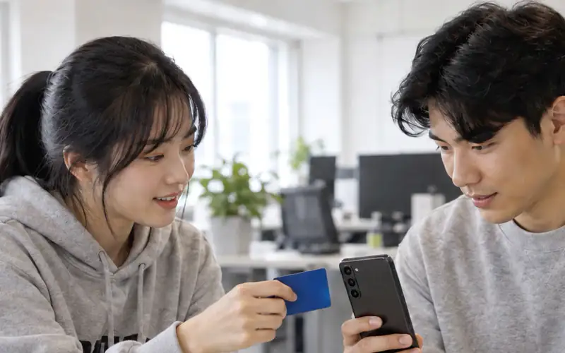 카드를 스마트폰에 태그하는 페이스튜디오 NFC 결제