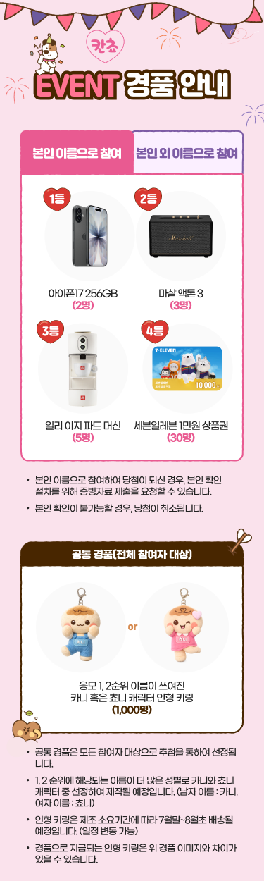 참여 방식별 경품과 전체 참여자 대상 캐릭터 인형 키링 경품 안내