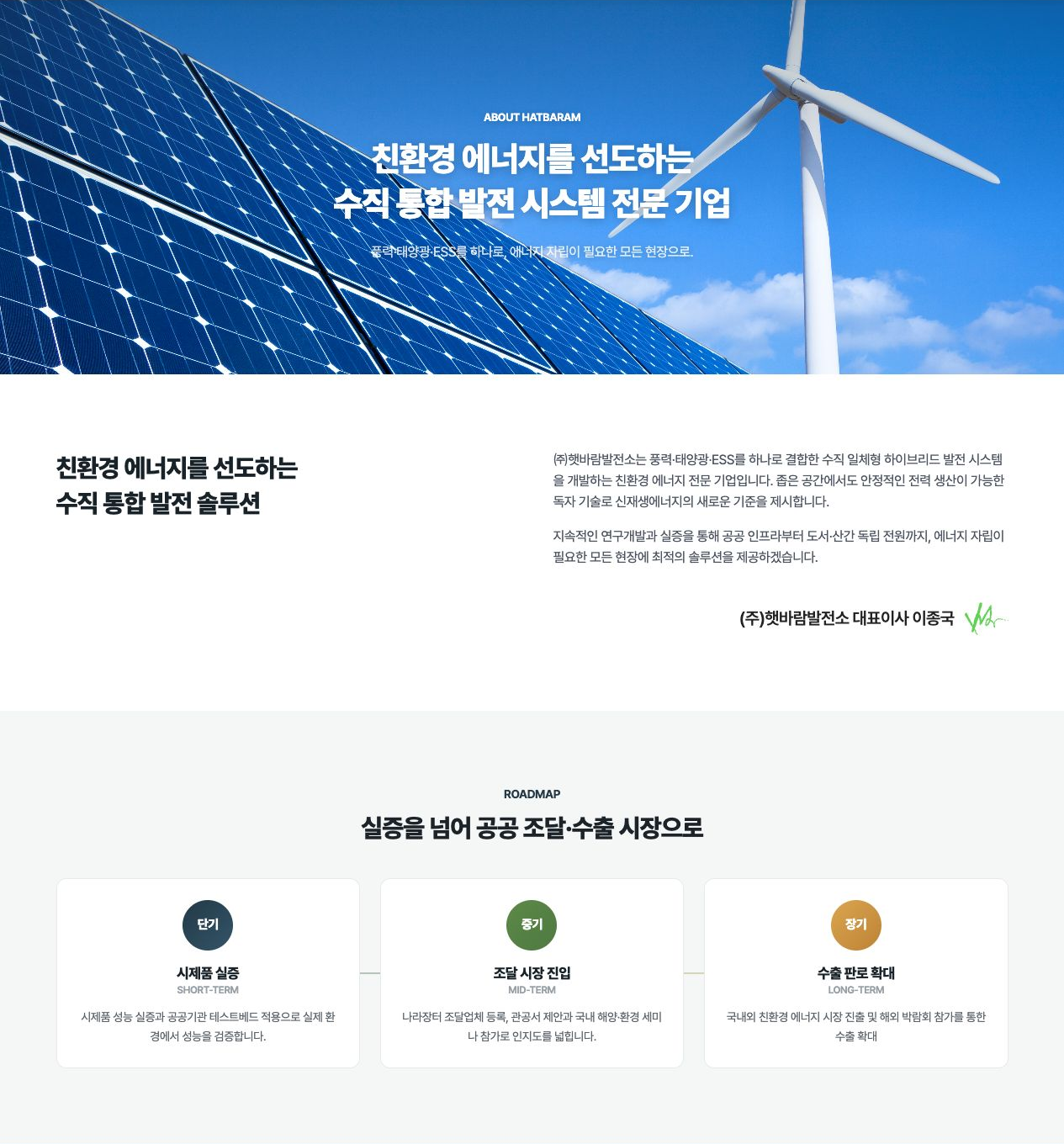 기업 소개, 대표 인사말과 단기·중기·장기 사업 로드맵을 보여주는 회사 소개