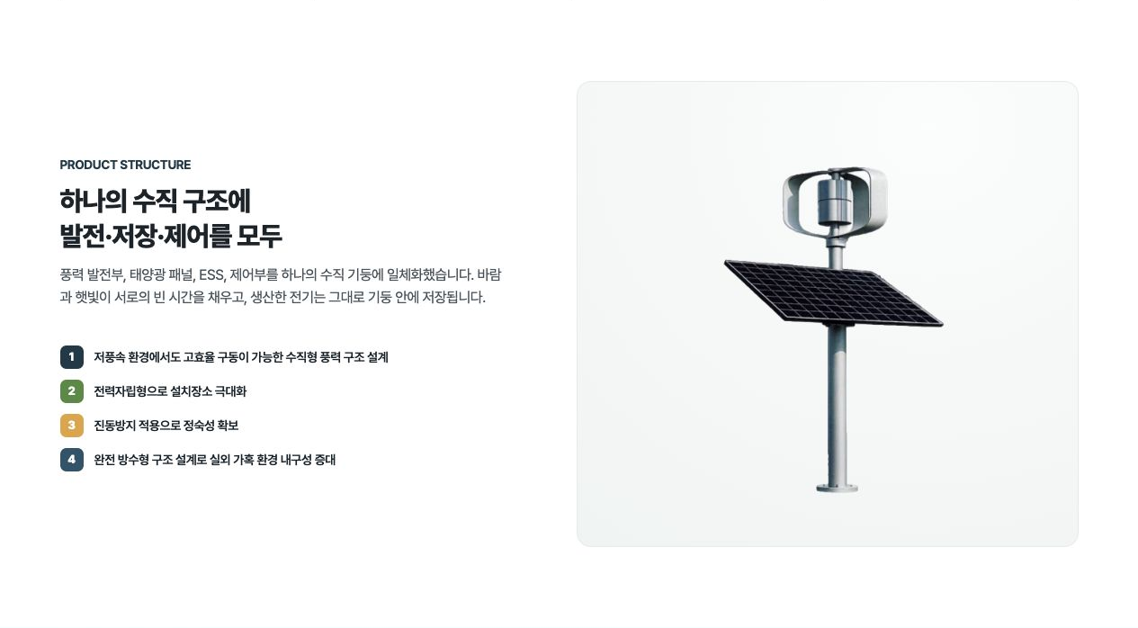 수직형 발전 제품 이미지와 구성 요소 및 구조적 특징을 설명하는 화면