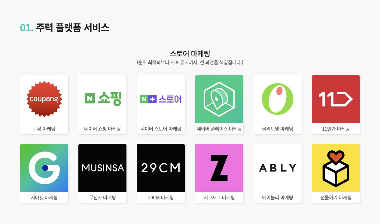 쿠팡·네이버·올리브영 등 플랫폼 로고와 서비스명을 카드로 배치한 주력 플랫폼 서비스