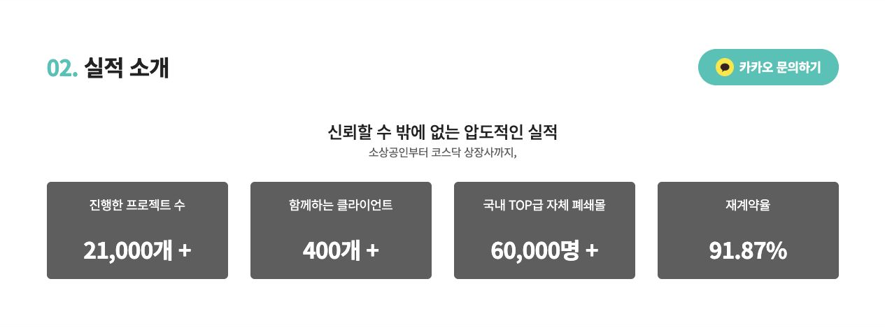 프로젝트 수·클라이언트·리뷰어 규모·재계약률을 카운트로 표현한 실적 소개